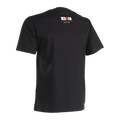 The back of a black cotton Anubis T-shirt by Herock Workwear. This black Anubis T-Shirt has the Herock logo printed just below centre top of the Anubis T-shirt with a small hanger loop, fixed to the t-shirt with an orange thread, place just above the Herock logo.