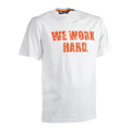 The front of a White cotton T-shirt by Herock Workwear. This White Anubis T-Shirt has the words "We Work Hard" printed across the front of the T-Shirt in orange. 